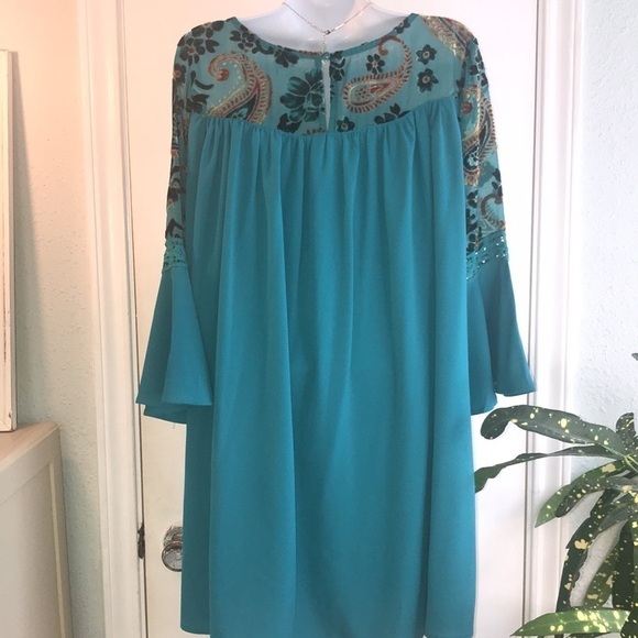 Umgee Boho Turquoise Velvet Floral Print Dress Size S - Picture 8 of 15